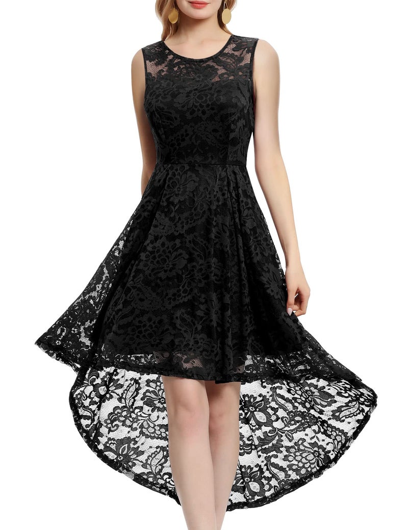 MUADRESS Women's Elegant Floral Lace Dress Sleeveless Crew Neck Hi-Lo Cocktail Prom Dress for Evening Party Black M - Image 1